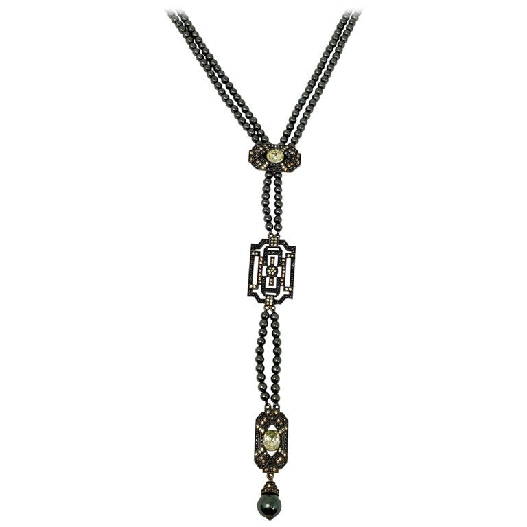 Heidi Daus Tahitian Faux Pearl Art Deco Lemon Quartz Crystal Lavalier Necklace