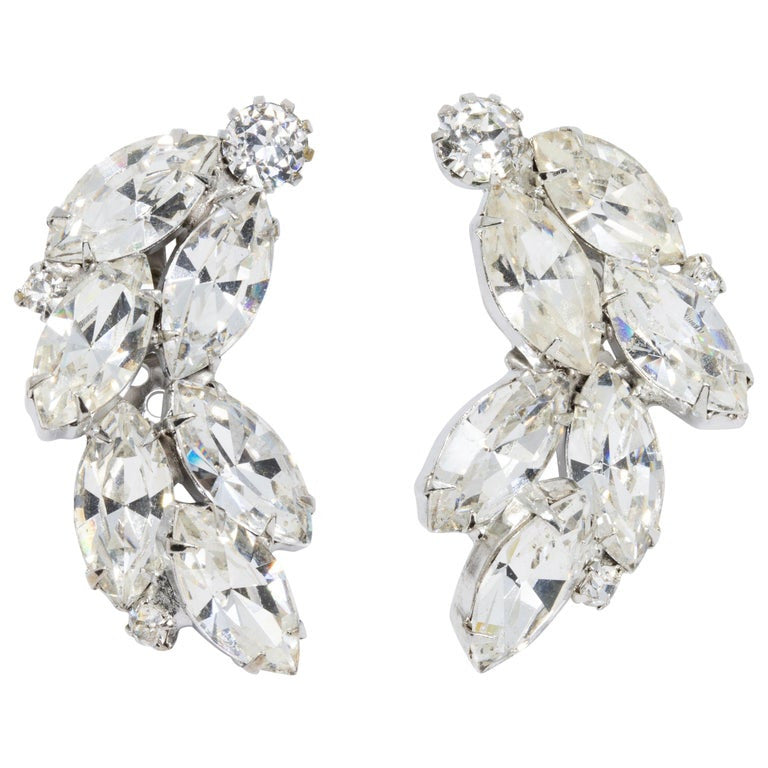 Weiss Marquise and Round Clear Crystal Cluster Clip on Earrings in Silver