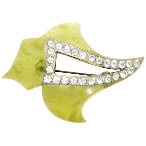 Apple Green Marbled Bakelite Crystal Encrusted Leaf Pin Brooch, Early 1900