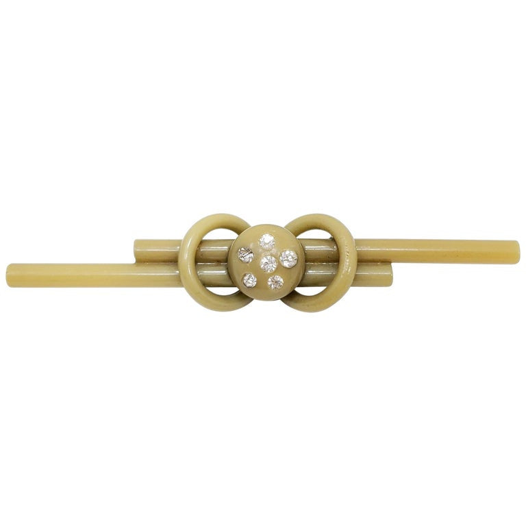 Apple Green Bakelite Crystal Encrusted Art Nouveau Pin Brooch, Early 1900