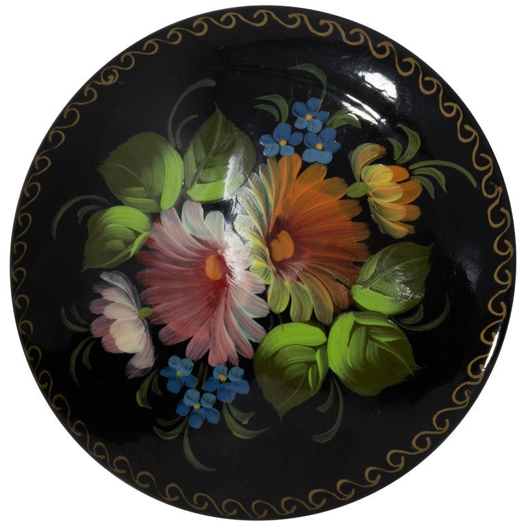 Russian Painted Flower Signed Vintage Round Pin Brooch, Early to Mid 1900s