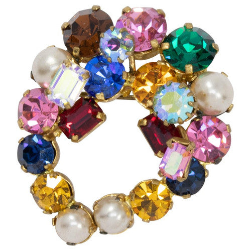 Austrian Multi Color Glass Crystal Cluster and Faux Pearl Pin Brooch in Gold