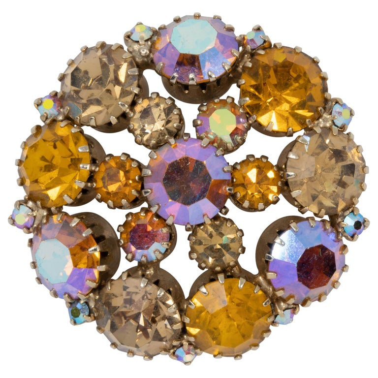 Rose Aurora Borealis and Topaz Crystal Round Pin Brooch in Gold