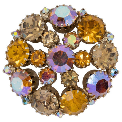 Rose Aurora Borealis and Topaz Crystal Round Pin Brooch in Gold