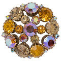 Rose Aurora Borealis and Topaz Crystal Round Pin Brooch in Gold