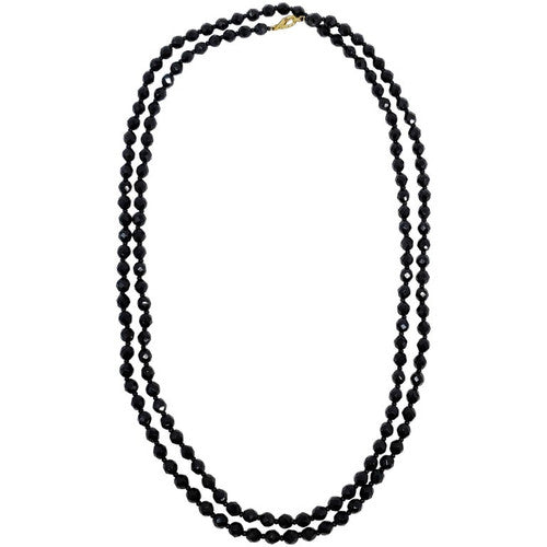 60" Black Czechoslovakian Jet Faceted Crystal Bead Long Rope Necklace, Mid 1900s