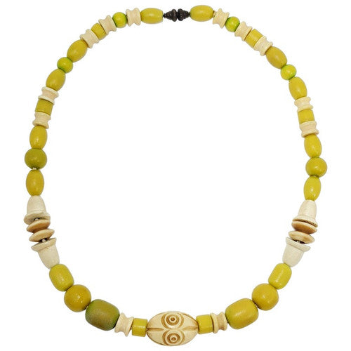Apple Green and Cream Colored Carved Bakelite Bead Necklace, Brass Tone Clasp