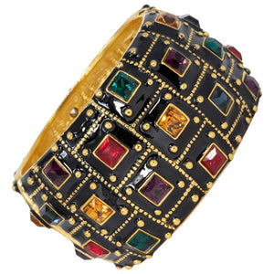 KJL Kenneth Jay Lane Jeweled Deco Bangle Bracelet, Black Enamel, Crystals, Gold