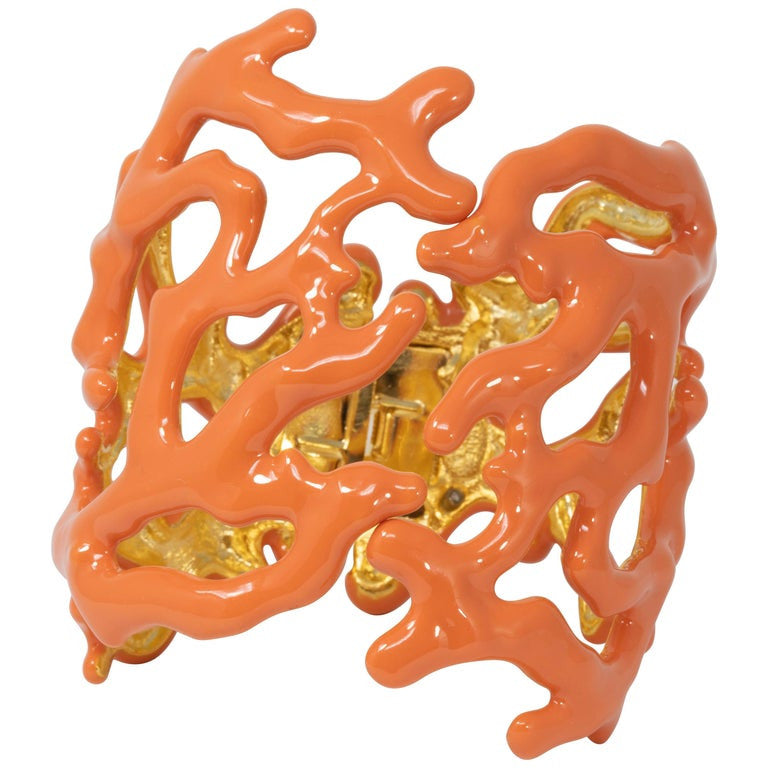 KJL Kenneth Jay Lane Coral Branch Enamel Soft Orange Cuff Bracelet in Gold