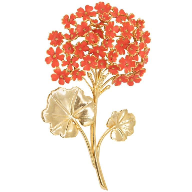 Oscar de la Renta Painted Cayenne Orange Geranium Bouquet Pin Brooch in Gold