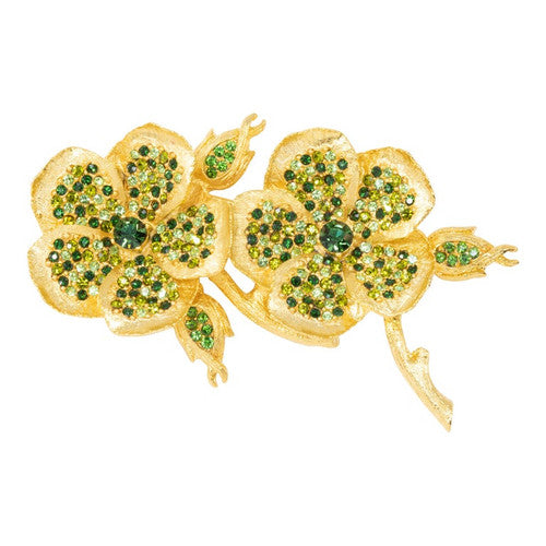 KJL Kenneth Jay Lane Green Crystal Stones Double Flower Pin in Gold