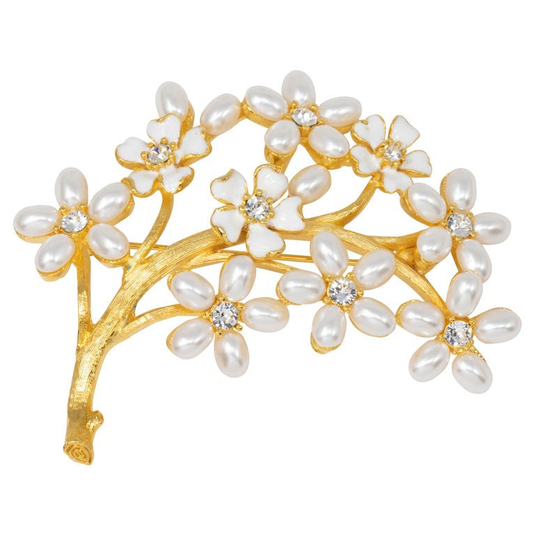 KJL Kenneth Jay Lane Golden Branch Pearl Flower Pin Brooch, Clear Crystals