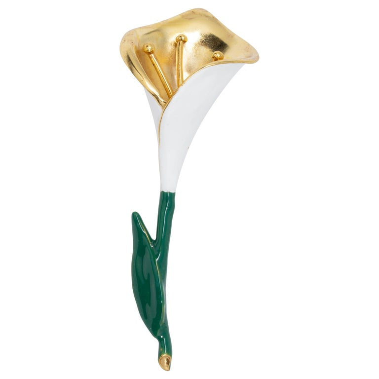 Oscar de la Renta Calla Lily in Green and White Enamel, Gold Plated Pin Brooch