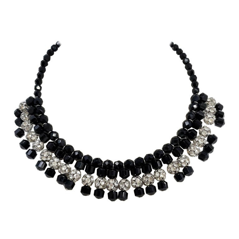 Jet Black and Clear pave Glass Ball and Bead Collar Necklace, Vintage Mid 1900s