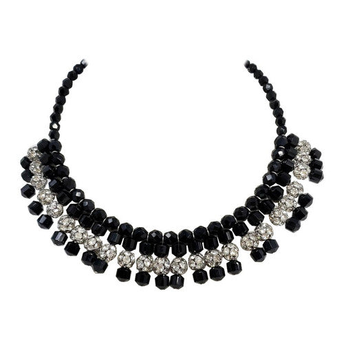 Jet Black and Clear pave Glass Ball and Bead Collar Necklace, Vintage Mid 1900s