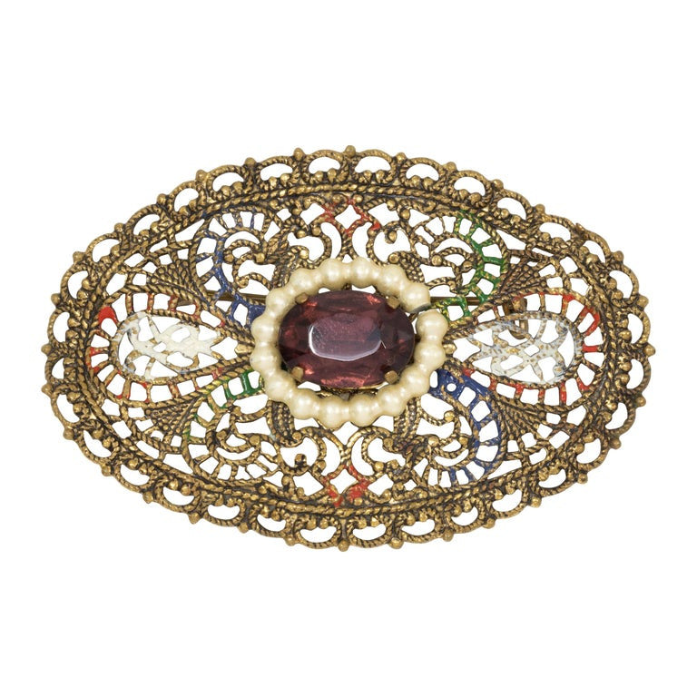 West Germany Victorian Style Amethyst Crystal and Faux Pearl Filigree Pin Brooch