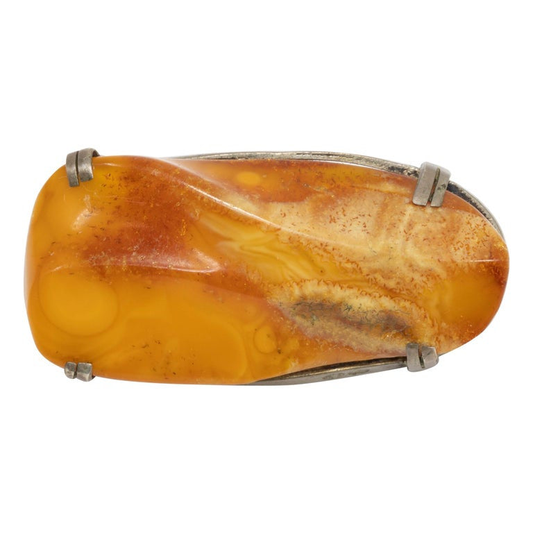 Petrified Orange Tree Resin Stone Pin Brooch in Silver, Vintage Early 1900s