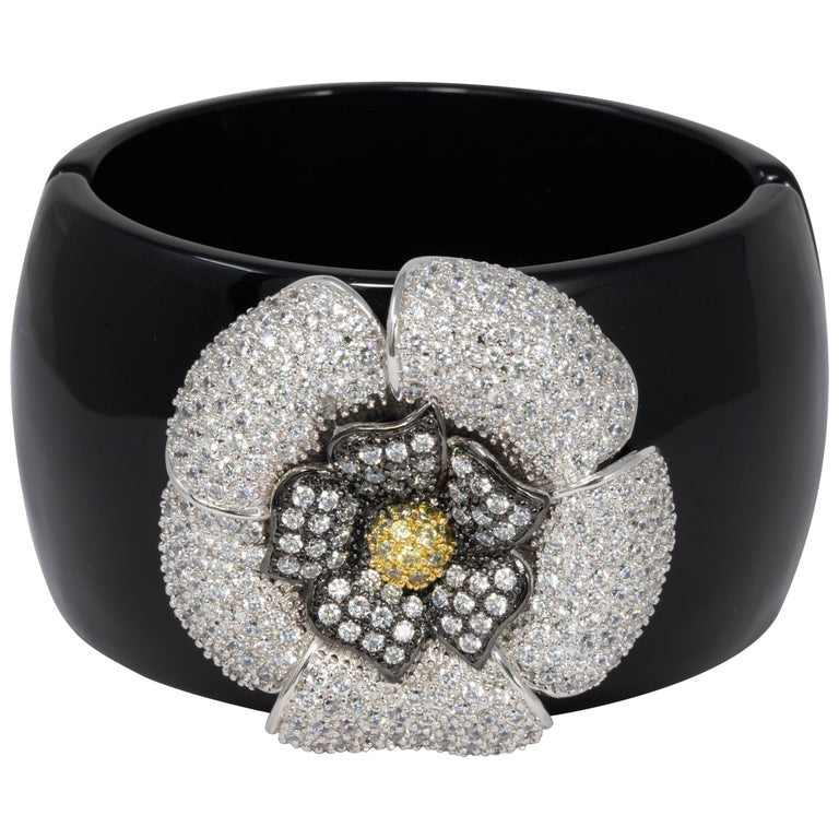 CZ KJL Cubic Zirconia by Kenneth Jay Lane Pave Crystal Flower Bangle Bracelet