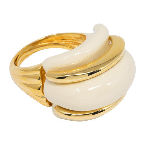 Kenneth Jay Lane Gold Double Ribbed Pearl Domed Cocktail Statement Ring
