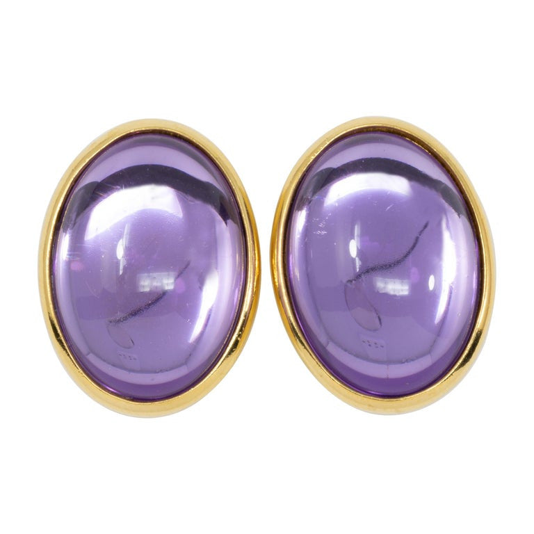 Trifari Golden Clip on Earrings with Moonglow Amethyst Cabochons, 1980s