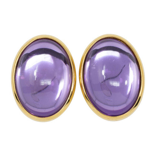 Trifari Golden Clip on Earrings with Moonglow Amethyst Cabochons, 1980s