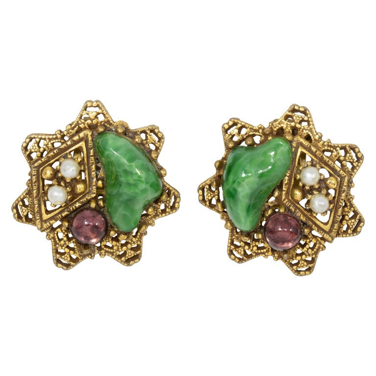 ART Arthur Pepper Retro Jade and Amethyst Faux Pearl Clip On Star Earrings