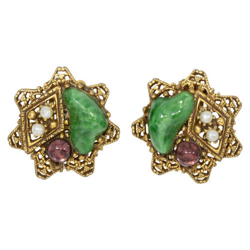 ART Arthur Pepper Retro Jade and Amethyst Faux Pearl Clip On Star Earrings