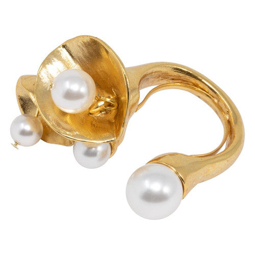 Oscar de la Renta Gold Dangling Pearl Cocktail Ring, Open Band Style, Contemporary