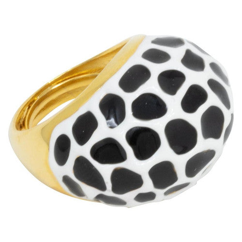 Kenneth Jay Lane Gold Black and White Enamel Dome Cocktail Ring, Modern