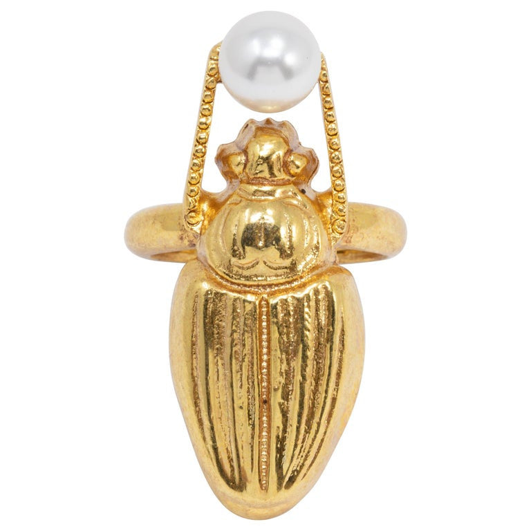 Oscar de la Renta Gold Scarab Faux Pearl Cocktail Ring, Contemporary Statement Style