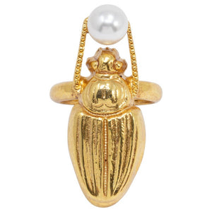 Oscar de la Renta Gold Scarab Faux Pearl Cocktail Ring, Contemporary Statement Style