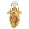 Oscar de la Renta Gold Scarab Faux Pearl Cocktail Ring, Contemporary Statement Style