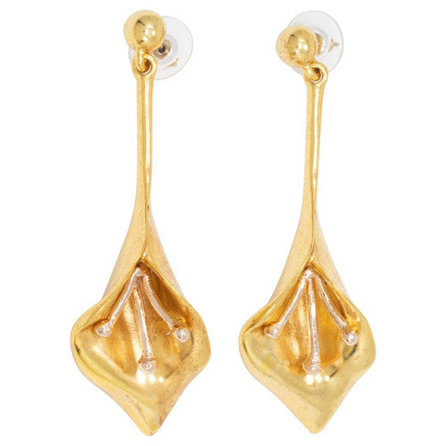 Oscar de la Renta Polished Gold Calla Lily Dangle Earrings, Modern, Post Backs