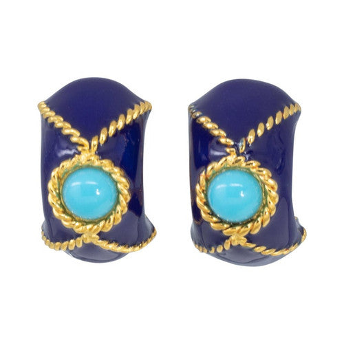 KJL Kenneth Jay Lane Gold Domed Clip On Earrings, Blue and Turquoise Enamel