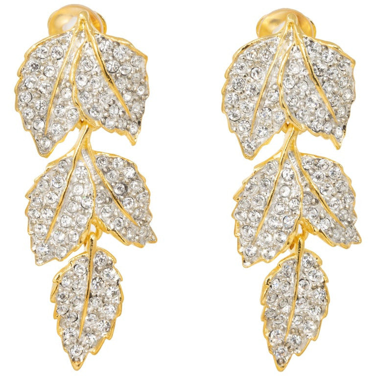 Kenneth Jay Lane Gold Pave Crystal Leaves Link Drop Clip On Earrings, KJL