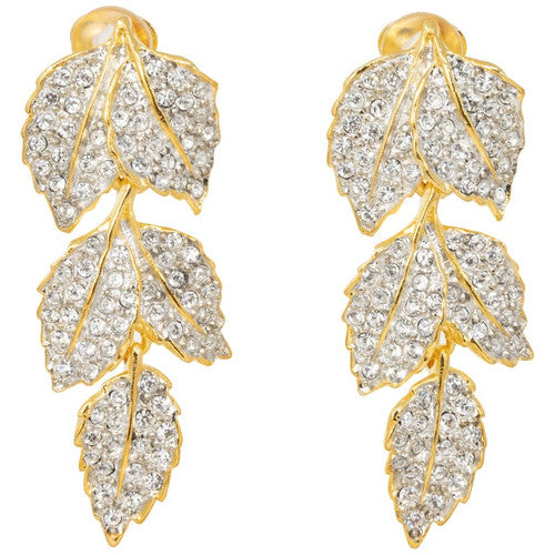 Kenneth Jay Lane Gold Pave Crystal Leaves Link Drop Clip On Earrings, KJL