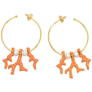 Oscar de la Renta Gold Coral and Pearl Dangle Hoop Earrings, Contemporary