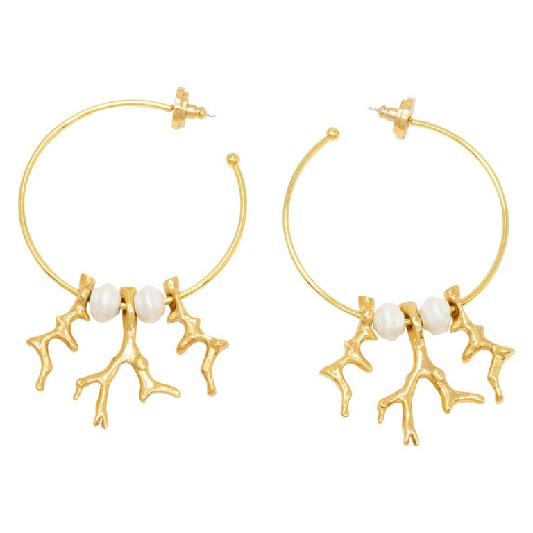 Oscar de la Renta Gold Coral and Pearl Dangle Hoop Earrings Contemporary
