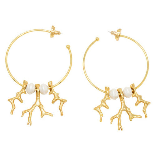 Oscar de la Renta Gold Coral and Pearl Dangle Hoop Earrings Contemporary