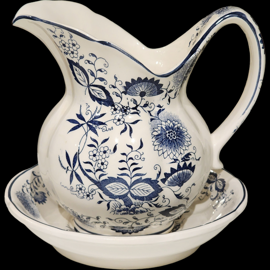7" Enesco Blue and White Onion Floral Pitcher and Bowl Set Japan