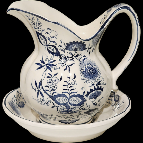 7" Enesco Blue and White Onion Floral Pitcher and Bowl Set Japan
