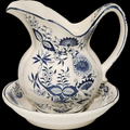 7" Enesco Blue and White Onion Floral Pitcher and Bowl Set Japan