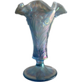 7" Fenton Art Glass Misty Blue Satin Opalescent Iridescent Daffodil Footed Flower Vase
