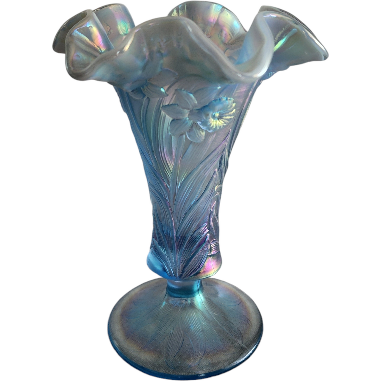 7" Fenton Art Glass Misty Blue Satin Opalescent Iridescent Daffodil Footed Flower Vase