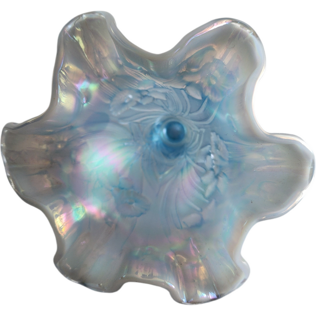 7" Fenton Art Glass Misty Blue Satin Opalescent Iridescent Daffodil Footed Flower Vase