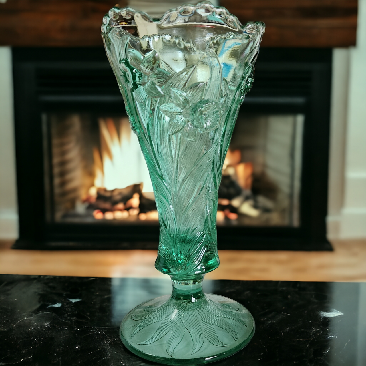 7" Fenton Art Glass Fern Green Daffodil Footed Vase