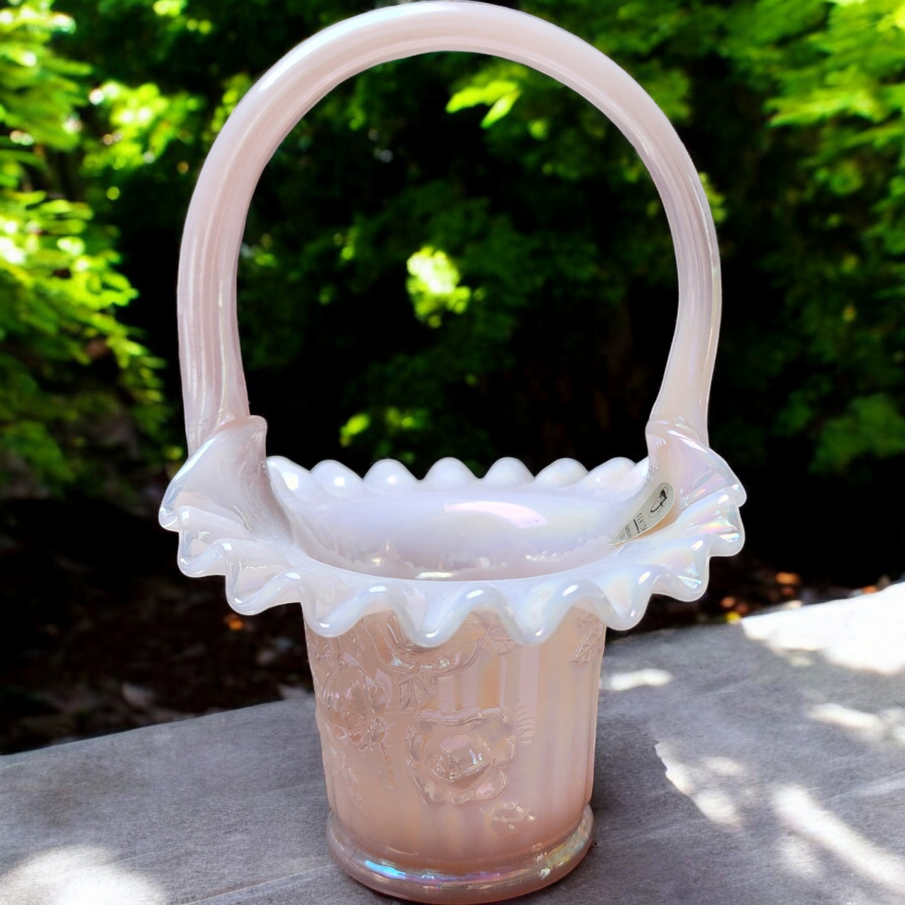 7" Fenton Art Glass Lily of the Valley Rose Magnolia Champagne Basket Opalescent Vase