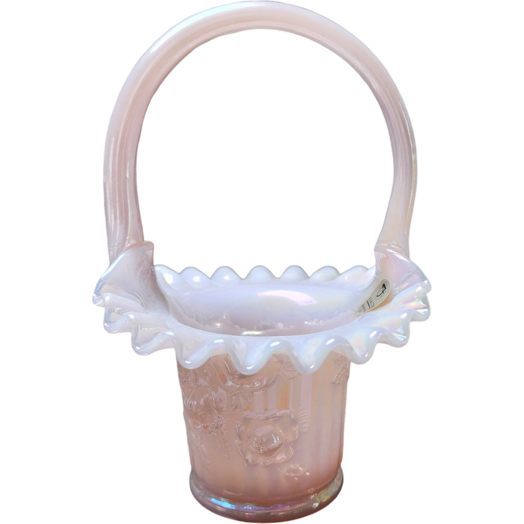 7" Fenton Art Glass Lily of the Valley Rose Magnolia Champagne Basket Opalescent Vase