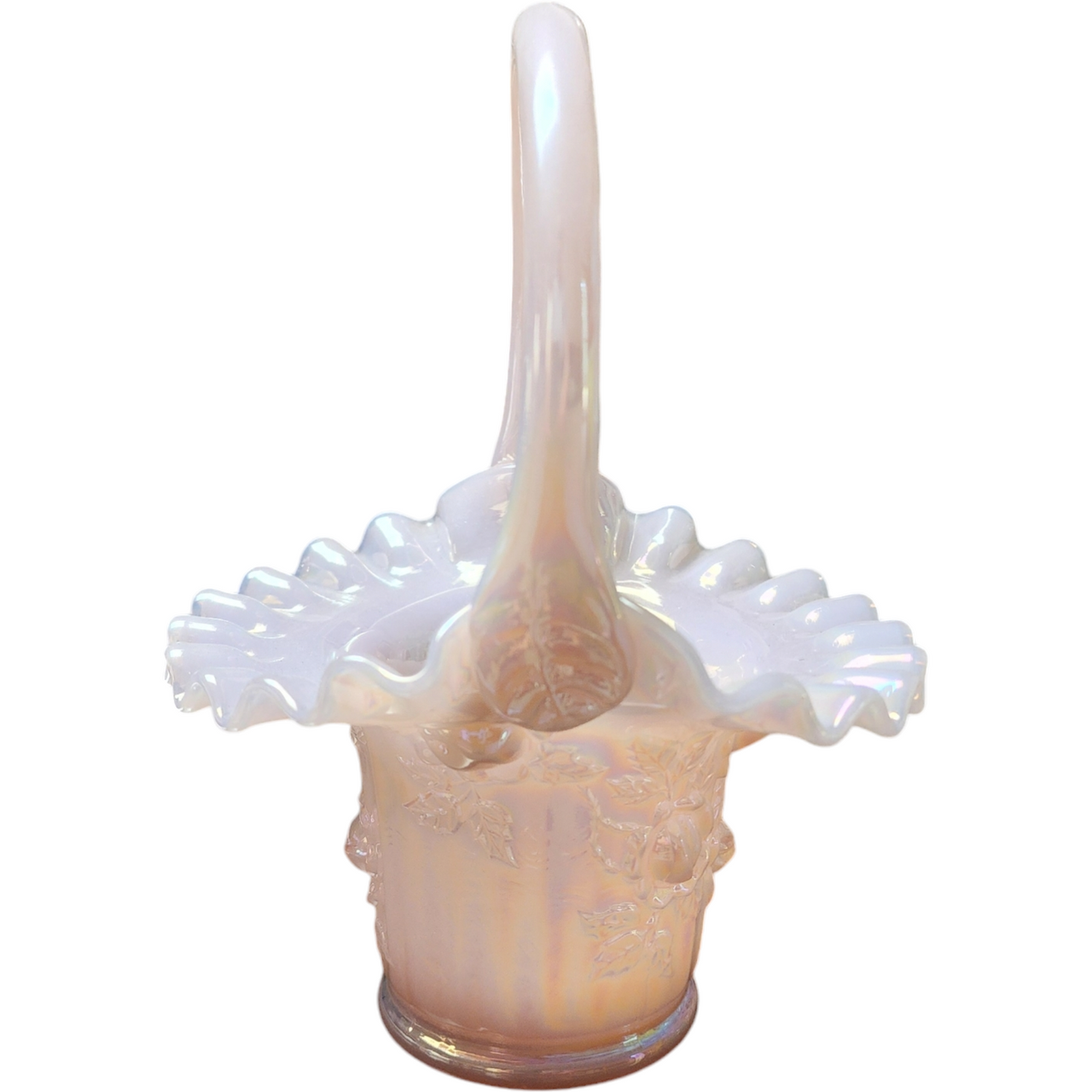 7" Fenton Art Glass Lily of the Valley Rose Magnolia Champagne Basket Opalescent Vase