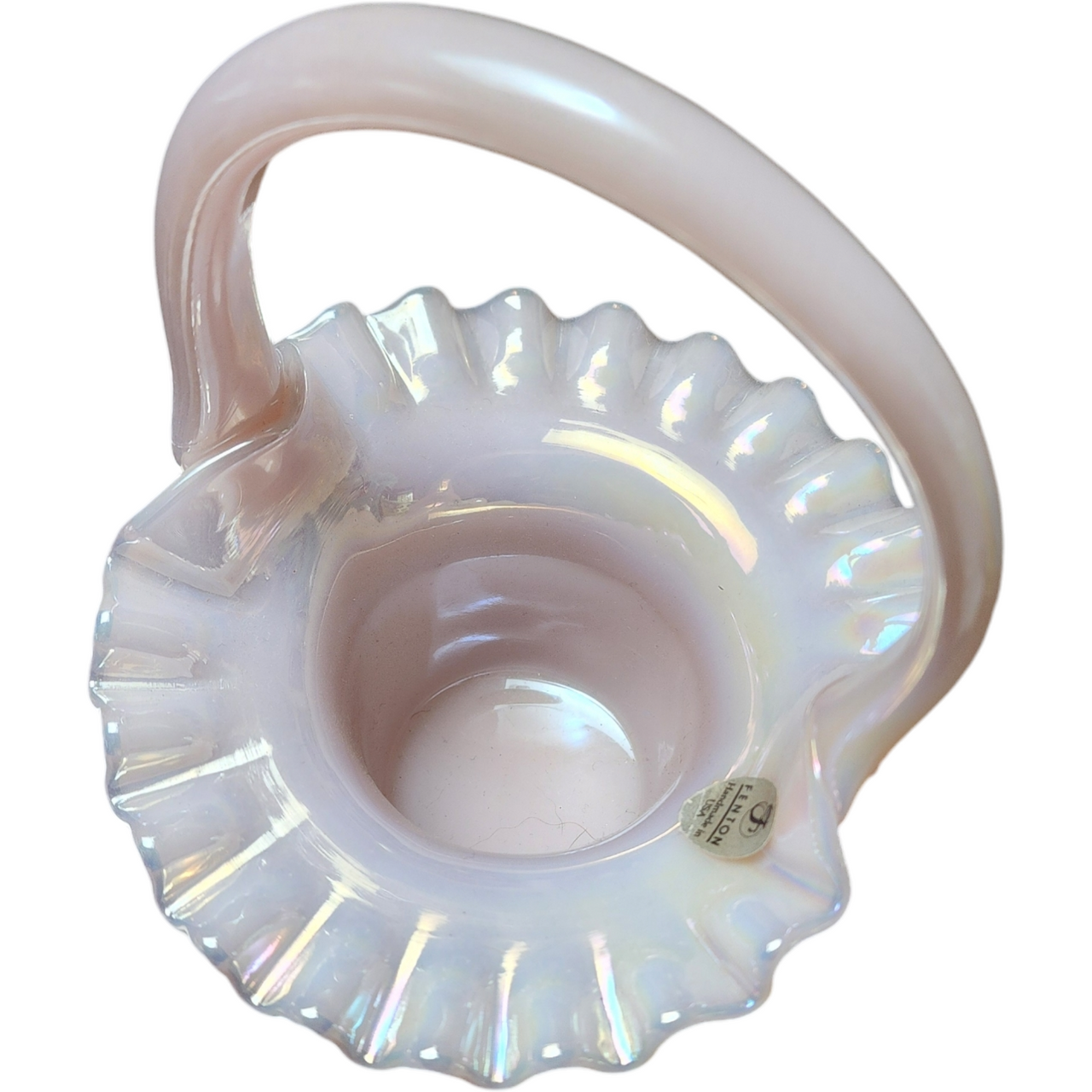 7" Fenton Art Glass Lily of the Valley Rose Magnolia Champagne Basket Opalescent Vase
